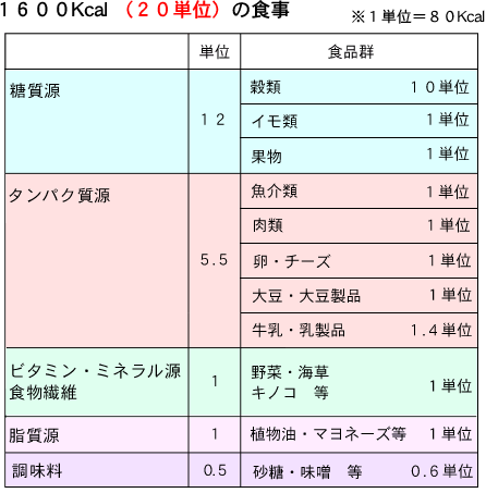1600Kcal(20単位)の食事